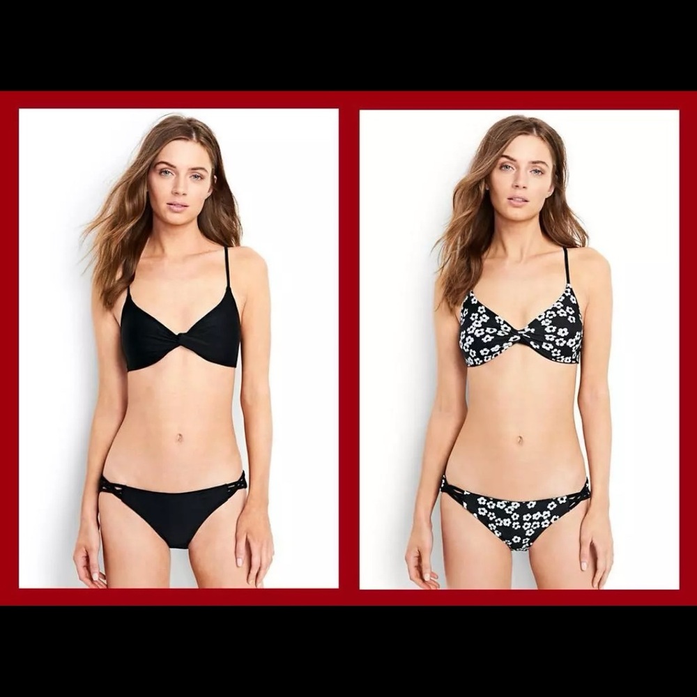 Land’s End Women’s Reversible Black & White Floral Pattern Bikini SWIM Set L